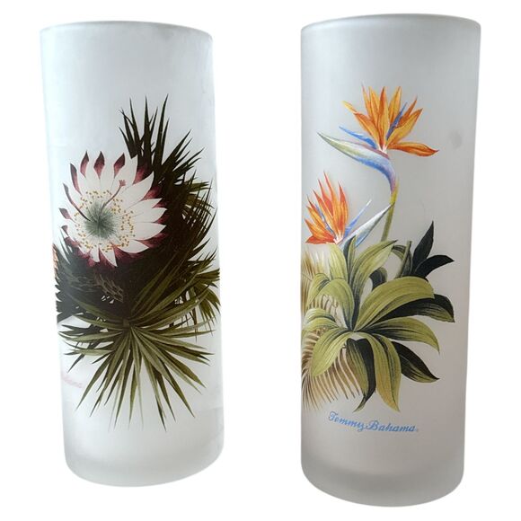 Tommy Bahama Tall Frosted Glasses Set Tropical Bird of Paradise Palm Highball - Picture 2 of 7